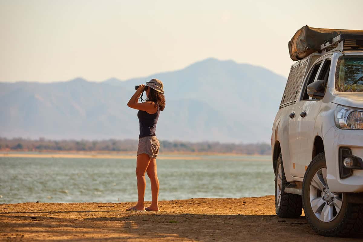 femme utilisant des jumelles lors d'un safari en Zambie